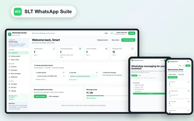 SLT WhatsApp Suite — the control centre on desktop, tablet and phone